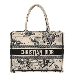 CHRISTIAN DIOR Book Tote Zodiac Embroidery Black White Canvas Handbag